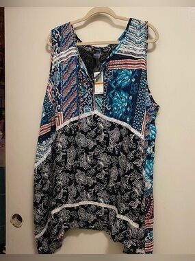 Stoosh Womens Boho Tank Top 3X 3XL Bust 54” Blue Black White Print New NWT $49